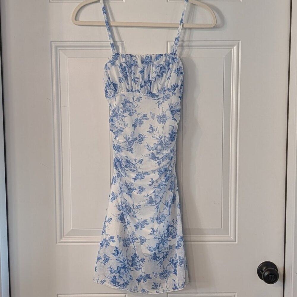 Blue White Floral Mesh Mini Dress Ruched Cami XS Romantic Summer Coquette